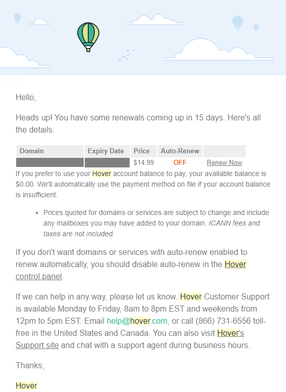 Hover 15 day renewal email