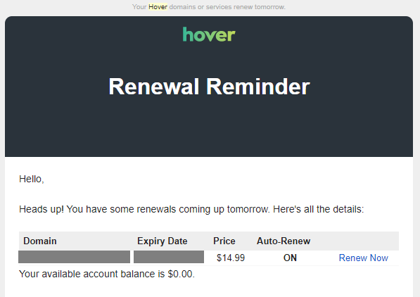 Hover misleading 1 day renewal email